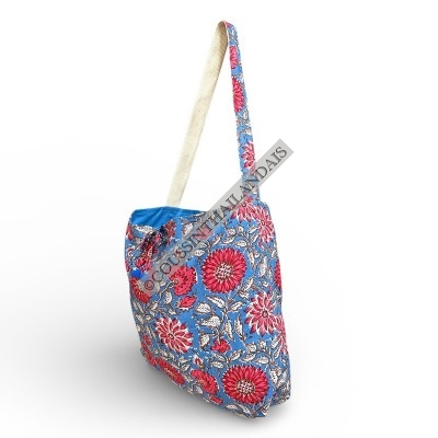 Sac cabas femme fleuri en coton bleu fait main