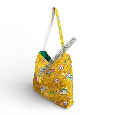 Sac cabas femme fleuri en coton jaune fait main