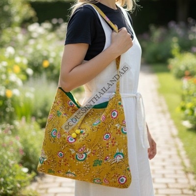 Sac cabas femme fleuri en coton jaune fait main