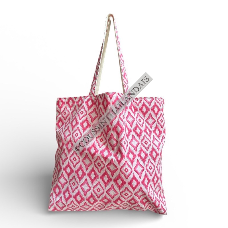 Handmade Pink Floral Cotton Tote Bag for Women with Geometric Patterns