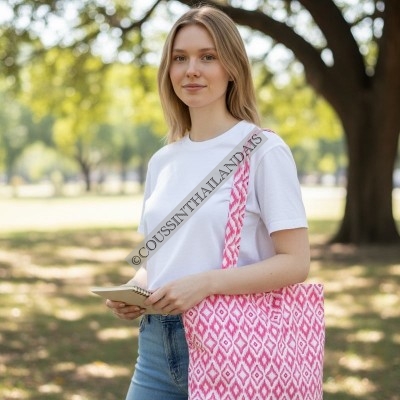 Handmade Pink Floral Cotton Tote Bag for Women with Geometric Patterns