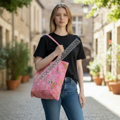 Sac cabas femme coton rose fleuri fait main