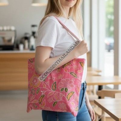 Sac cabas femme coton rose fleuri fait main