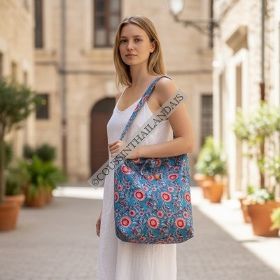 Handmade blue floral cotton tote bag for women
