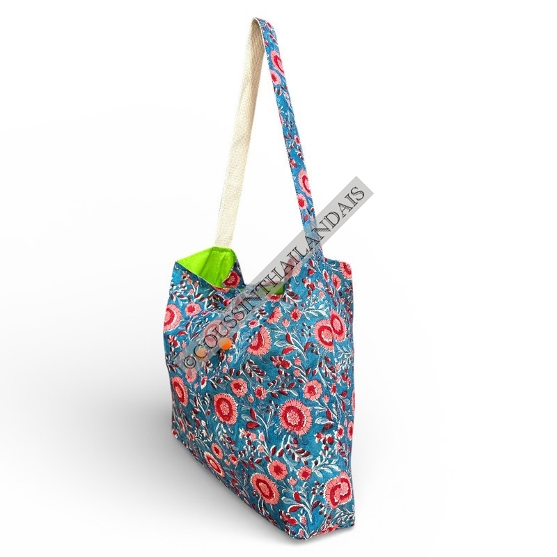 Handmade blue floral cotton tote bag for women